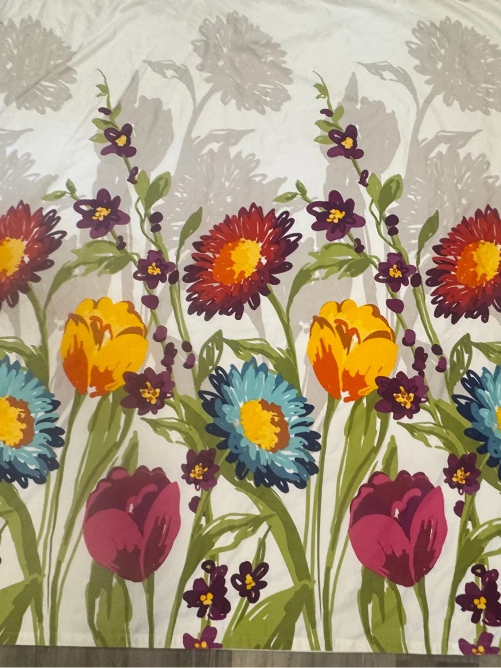 Bright Floral Print Cotton Blend Shower Curtain w/ Cloth Liner & Hooks